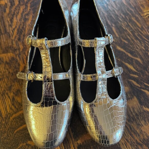 NWOT J. Crew Teagan T-strap Heels in Metallic Croc-Embossed Leather 7.5M - Picture 2 of 7